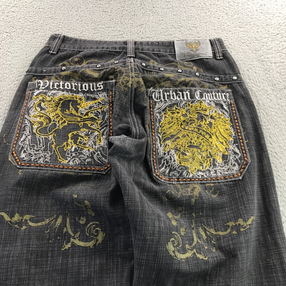 Vtg Y2k Victorious Jeans Mens 36x29 Black Baggy Embroidered Fade Wide Leg Skater